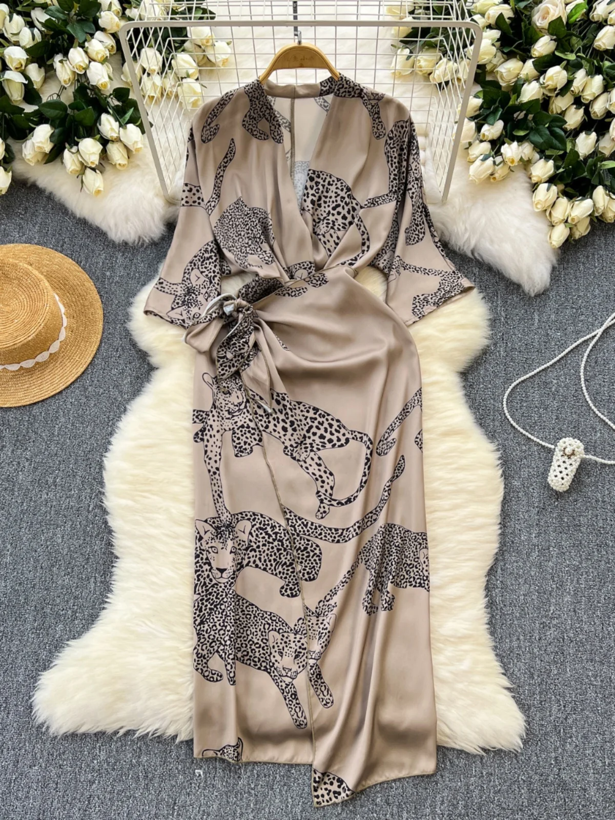 Vestido Estilo Casual para Mujer, Verano 2024, Nuevo, E, Estampado, Satinado, Cintura Ajustada, Falda Midi en Línea A,...