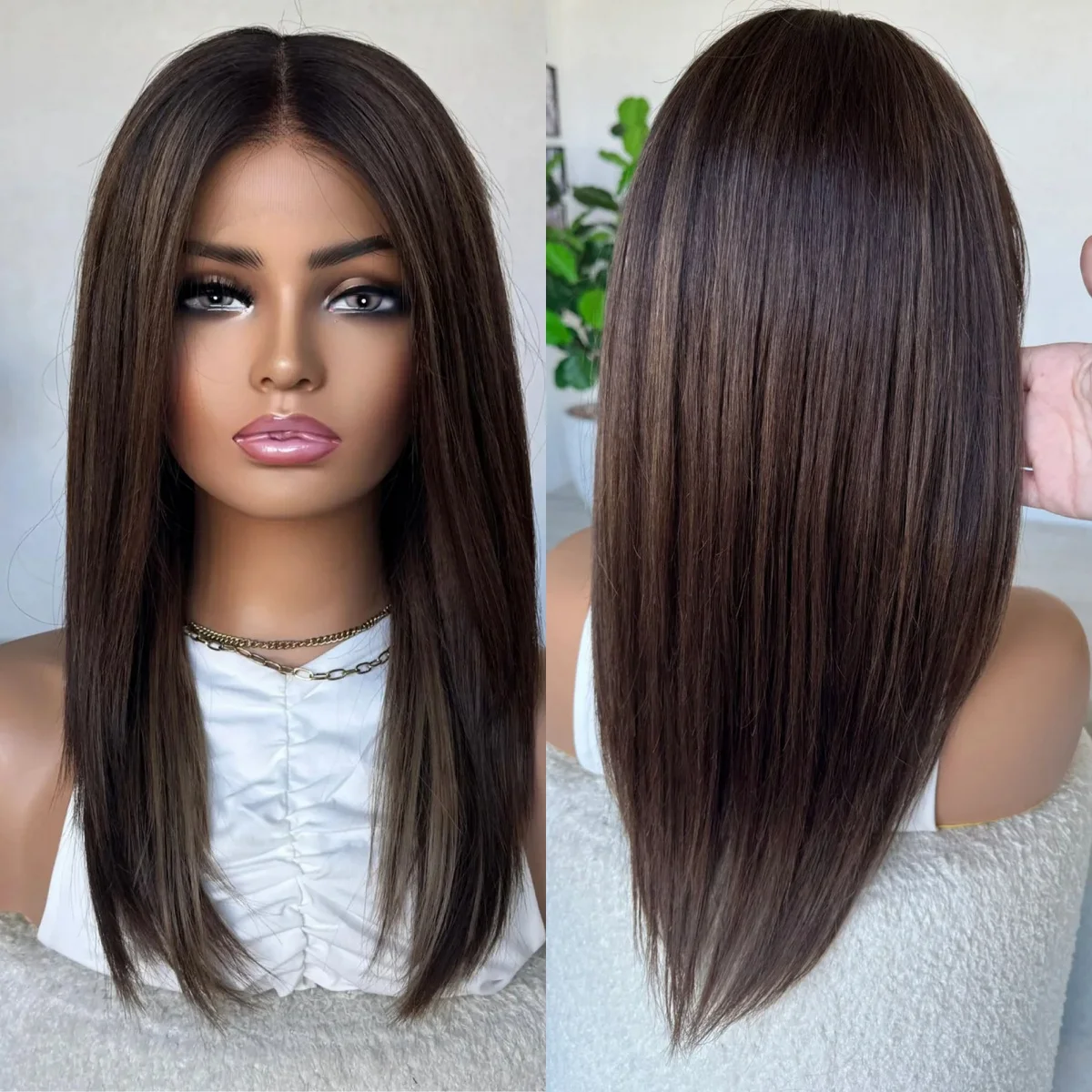 Layer Natural Straight Synthetic Lace Frontal Wigs Highlights Dark Brown Pre Plucked 180% High Density Wigs Small Large Cap Size