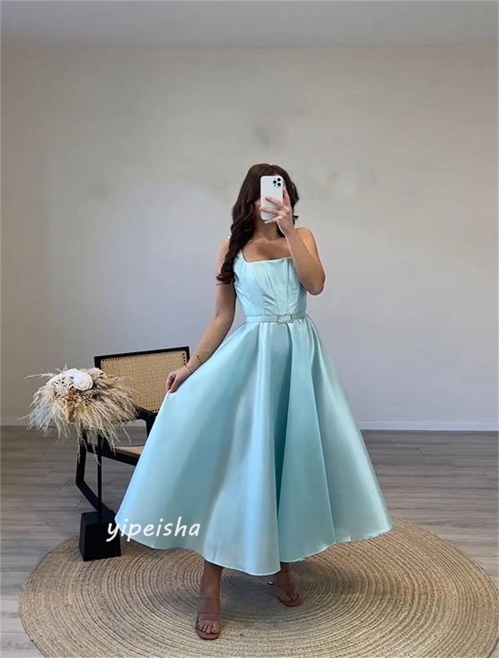 Jiayigong Prom satén fajas drapeado vestido de fiesta de quinceañera cuello cuadrado vestido de ocasión a medida vestidos por debajo de la rodilla