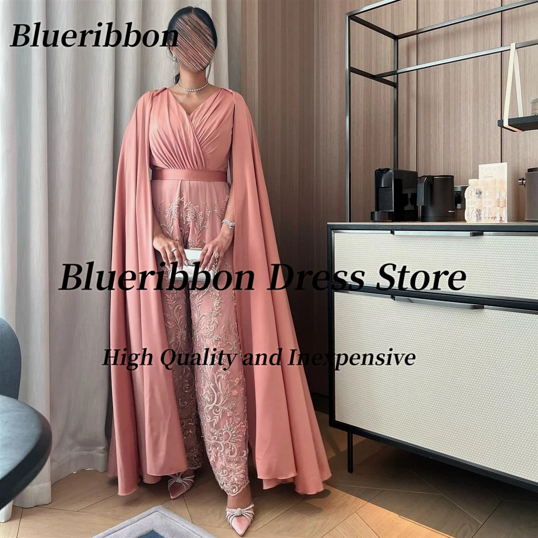 Blueribbon Saudi Arabia Women Wear Jumpsuits for Evening Party Ruched V Neck Prom Dresses Flutter Sleeves Pant Suits Vestidos