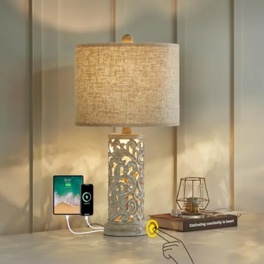 

3-Way Dimmable 22'' USB A+C Touch Control Table Lamp with Nightlight for Living Room Bedroom Farmhouse Bedside Nightstand Lamps