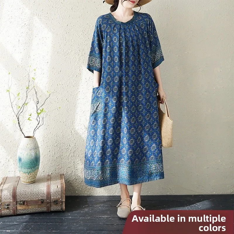 

Summer New Loose Cotton Printed Women's Dress Ethnic Style Mom Clothes Floral Print Empire Waist Long Sleeve Midi Dress