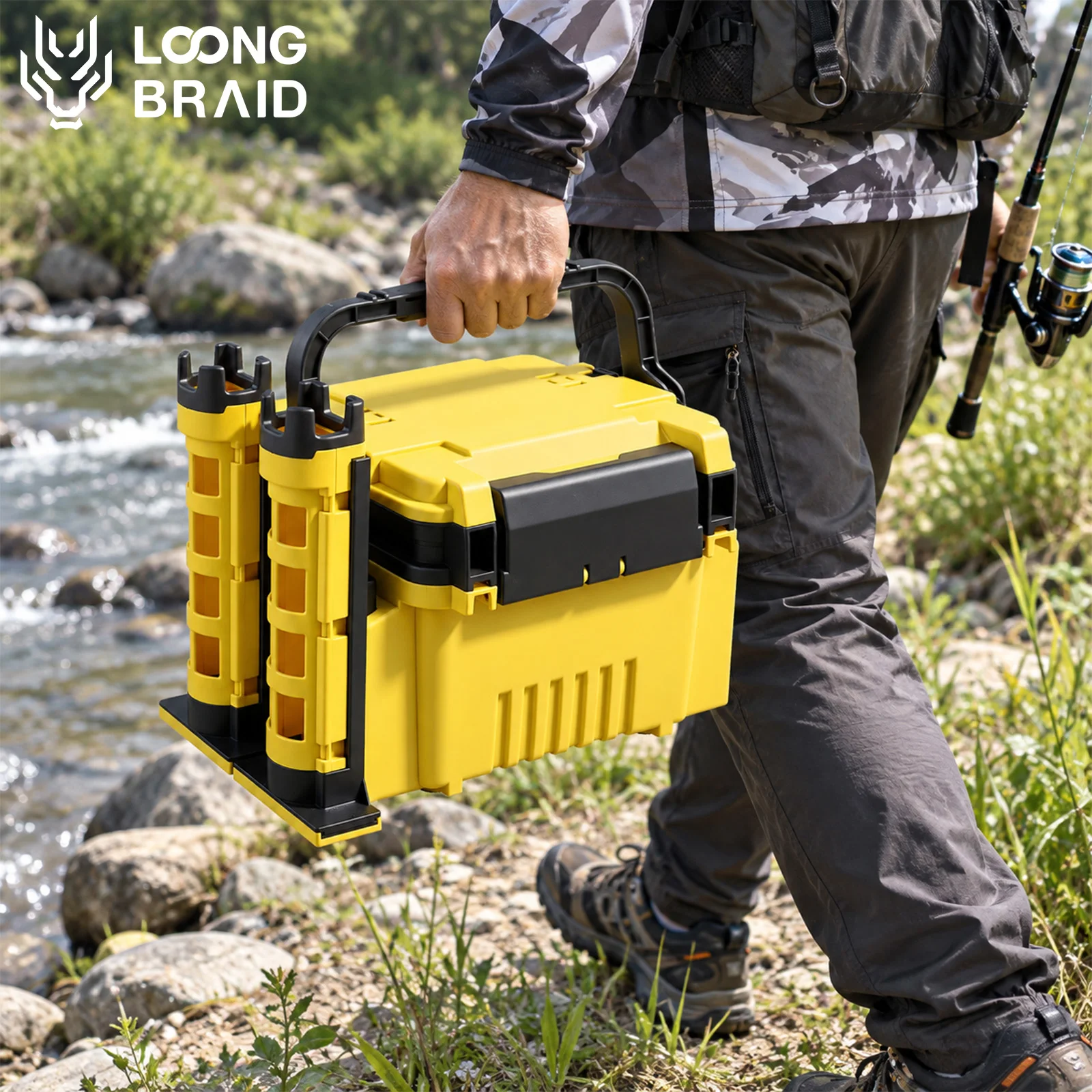 LOONGBRAID Fishing Tackle Box Organizer with Rod Holders Multifunction Large Capacity Storage Case for Lures Hooks Accessories