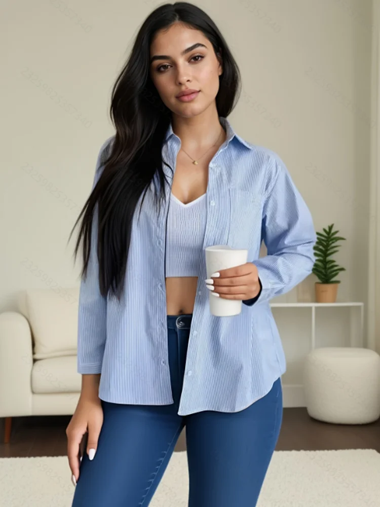 

Plus Size 1XL-5XL Women's long Sleeve Striped Printed Fashion Shirt Ladies Casual Tie Pocket Casual Comfortable Shirt Versatile