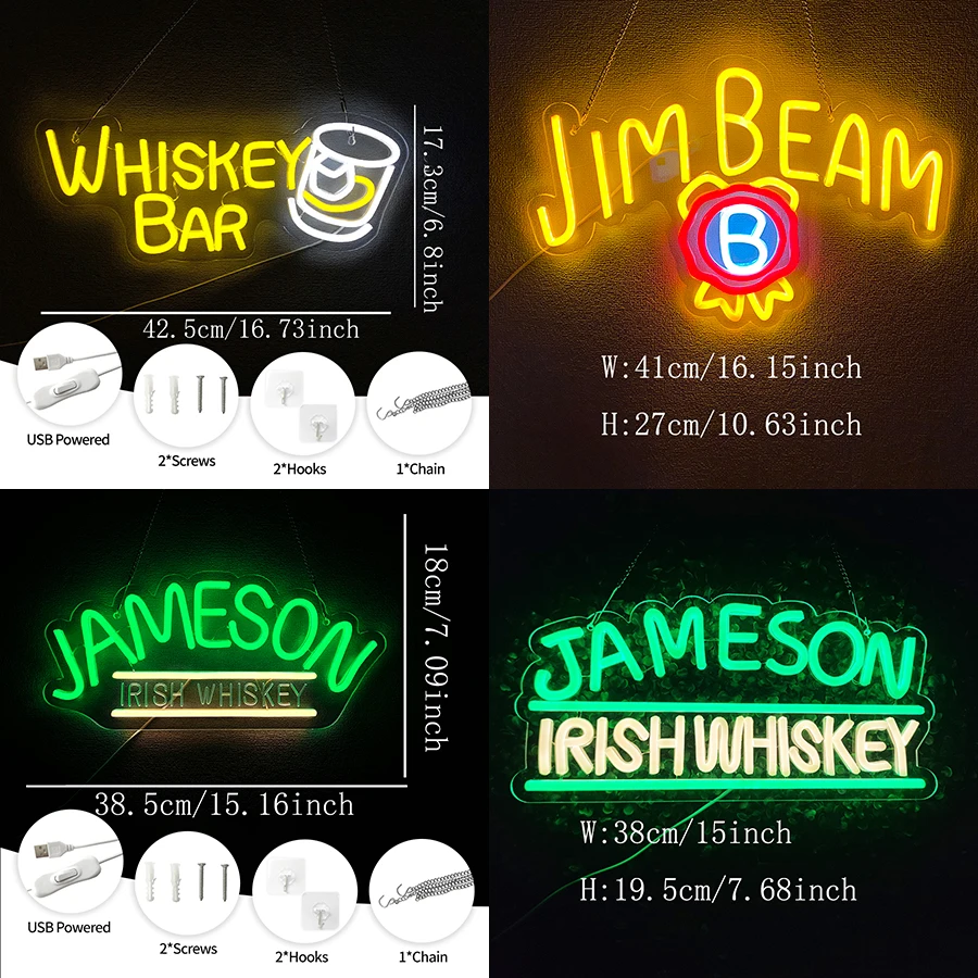 วิสกี้ป้ายนีออนสําหรับ Jameson ในบาร์ผับ Man Cave หรือ Party Decor, jim Beam Led Light Sign สําหรับโรงรถตกแต่งหรือธุรกิจจอแสดงผล
