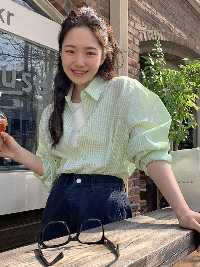 

Женский корейский свободный длинный клетчатый топ с мягкой текстурой и пузырьками, ленивый женский открытый кардиган, топ средней длины