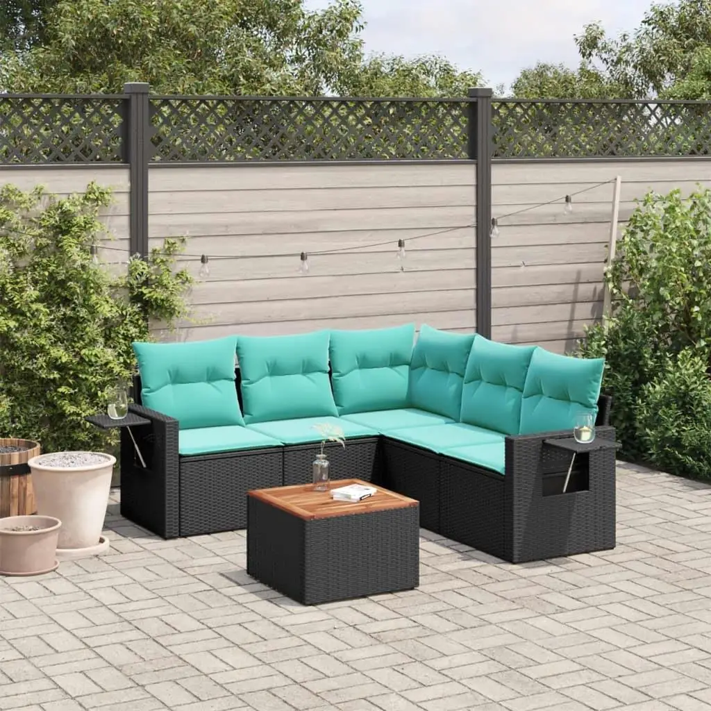 

6 Piece Black Poly Rattan Patio Sofa Set with Cushions Outdoor Furniture Garden Seating