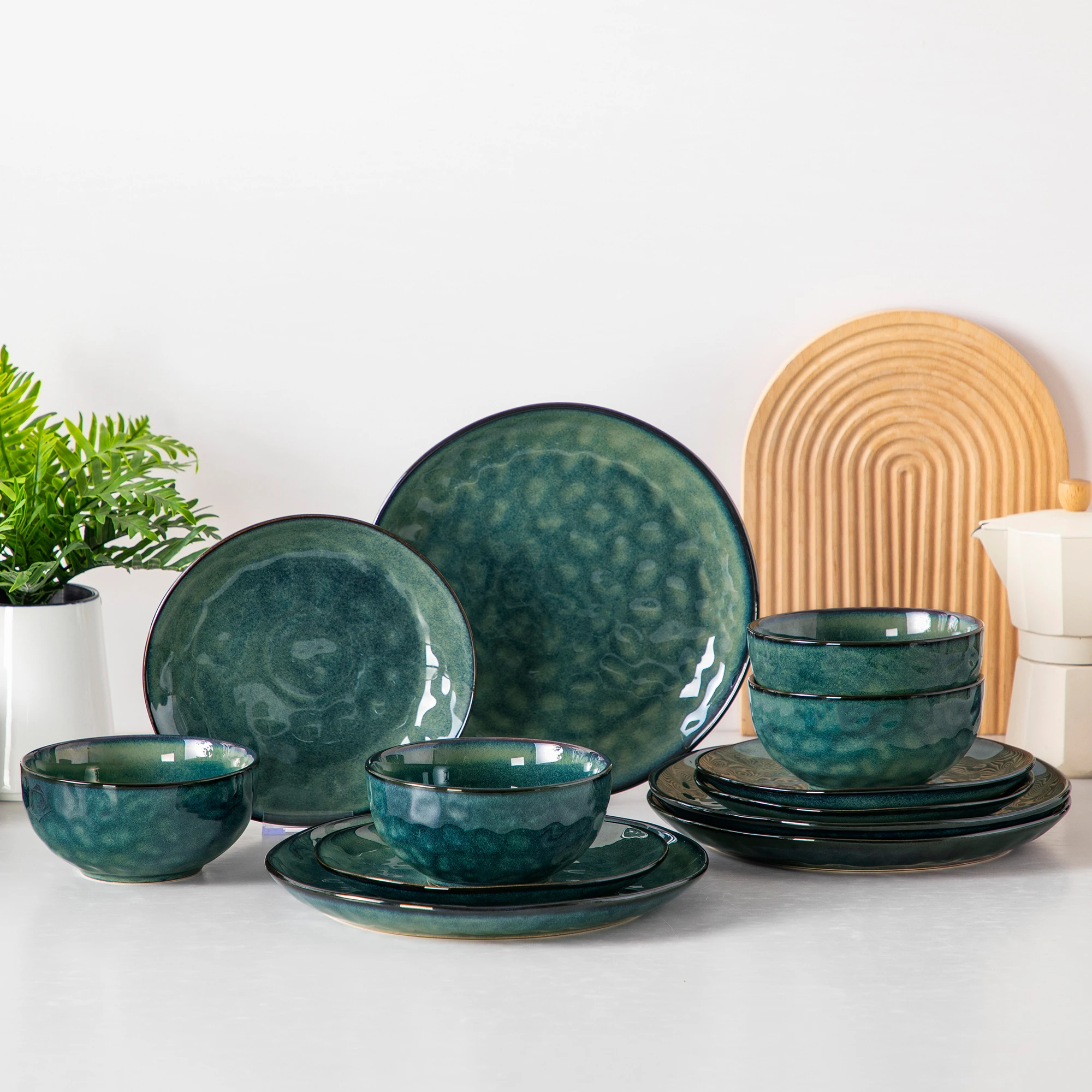 Vancasso Juego de platos de cerámica verde de 12/24 piezas, juego de cena de gres para cambio de horno con plato de cena de 4 piezas/postre/cuenco de cereales para 4/8