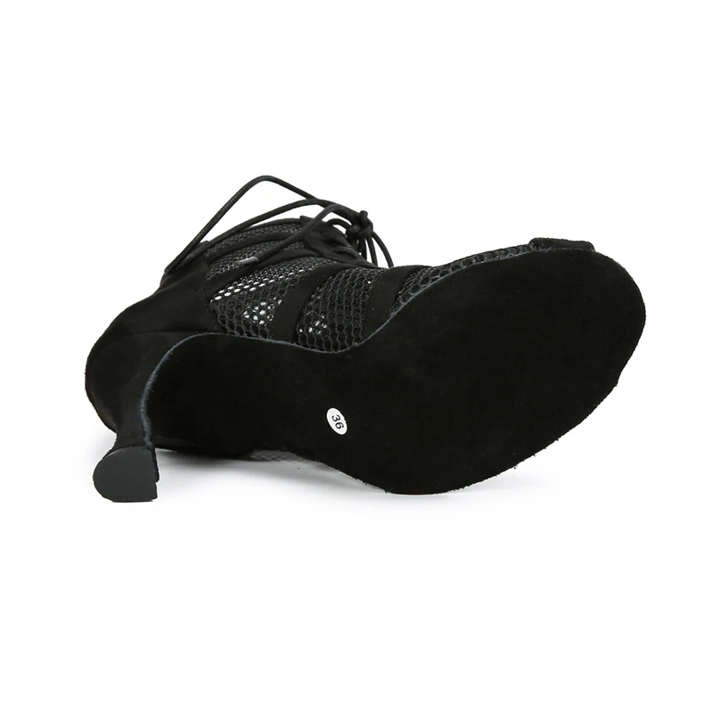 أحذية رقص لاتينية عصرية سوداء، أحذية رقص مثيرة بكعب عالٍ وسحاب من جلد الغزال شبكي أسود