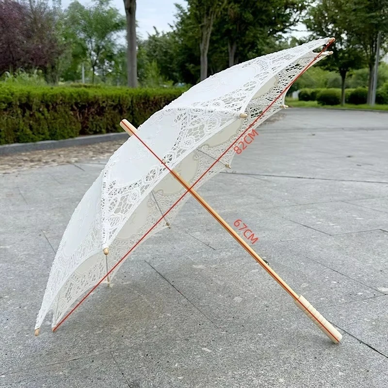 New Gothic Lolita Harajuku Vintage Hollow Lace Long Handle Umbrella, 45cm Cotton Embroidery Princess Parasol, Party Photo Prop
