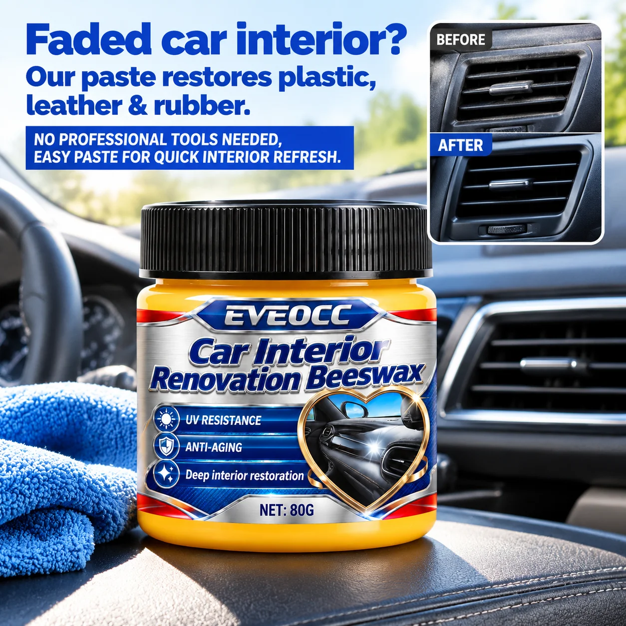 EVEOCC 80g Car Interior Care Beeswax Leather Plastic Refurbishment Cream Anti-UV Anti-Aging Restorer