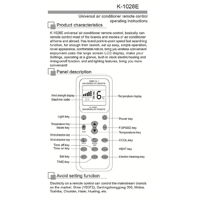 Controle remoto sem fio universal para ar condicionado, AC Digital LCD, K-1028E