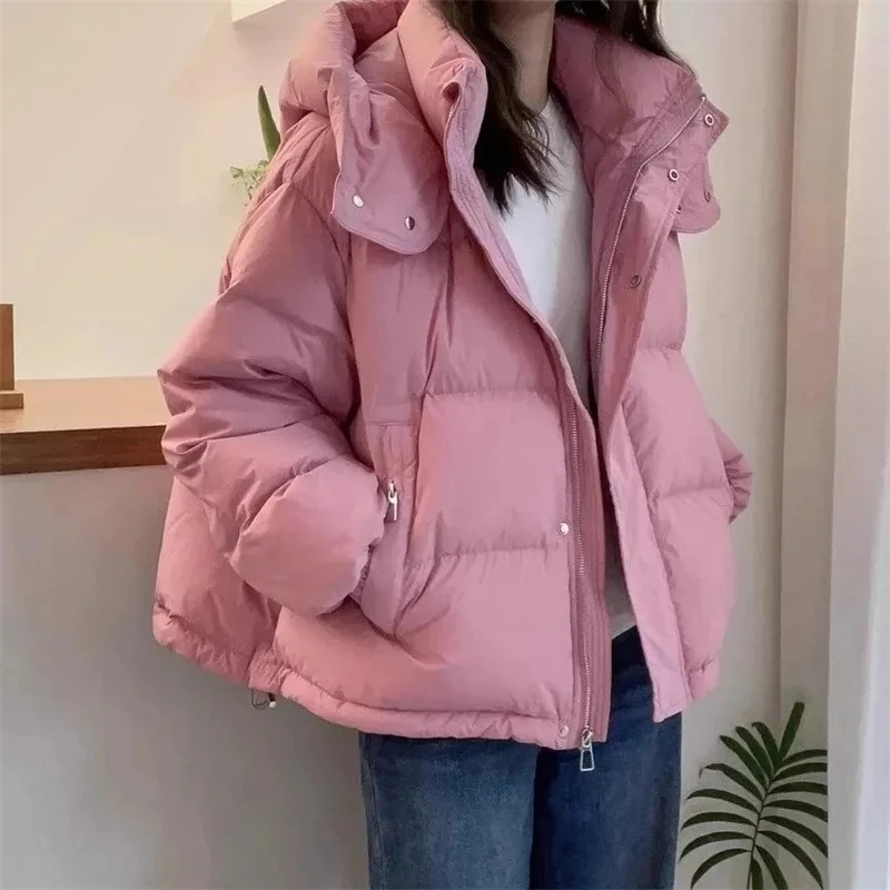 

Women's Korean Cotton Pike Hooded Winter Coat Thick Warm Loose Cotton Clothing Women's Solid Color Fashion Zipper Coat