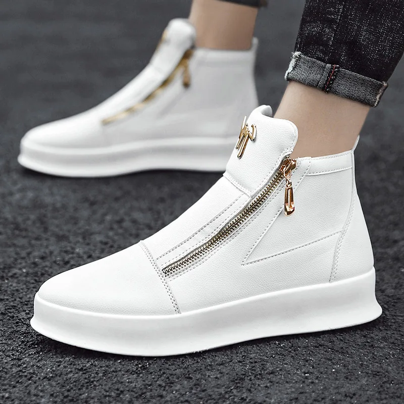 Fashion Black Men\'s Sneaker Comfortable Leather Men High top Sneakers Zip Design Skateboard Shoes Men White Platform Sport Shoes