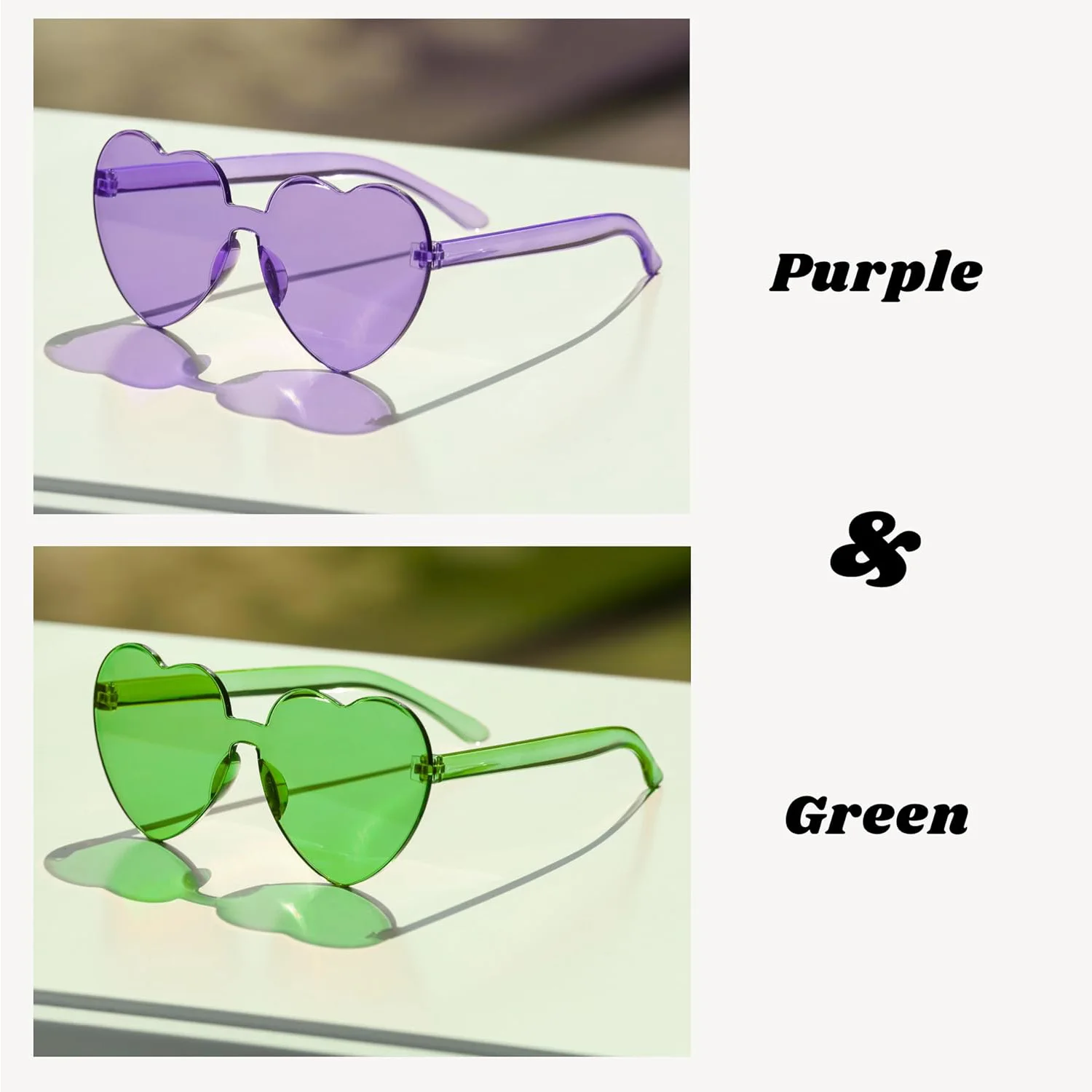 2 Pcs Mardi Gras Heart Shaped Sunglasses for Women - Trendy Rimless Glasses for Women & Men Party Outfit Accessories