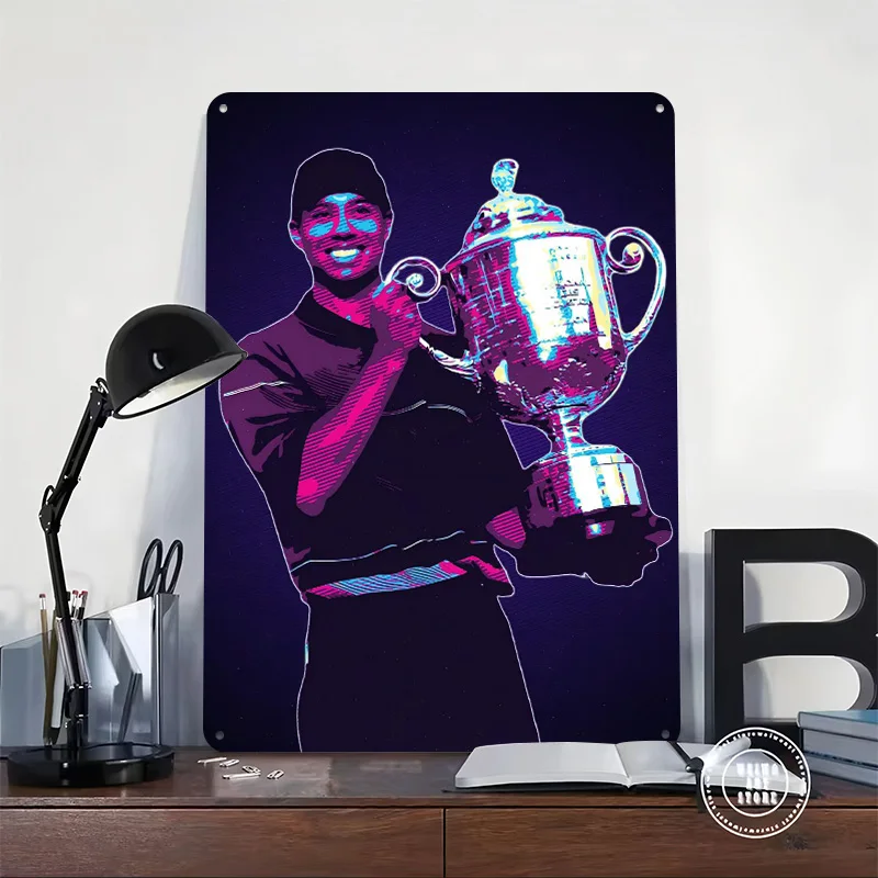 Tiger Woods Golfer Holding Trophy Pop Art Metal Poster Custom Wall Art Retro Vintage Tinplate Signs for Man Cave Bathroom Decor