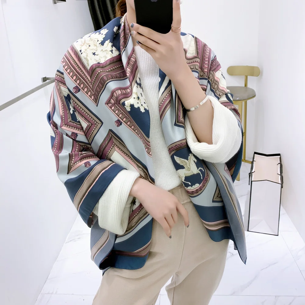 

New War Horse Carriage Photo Frame Pattern 130cm Four Seasons Scarf Shawl Head Wrap Sunscreen Travel Square Scarf Gift
