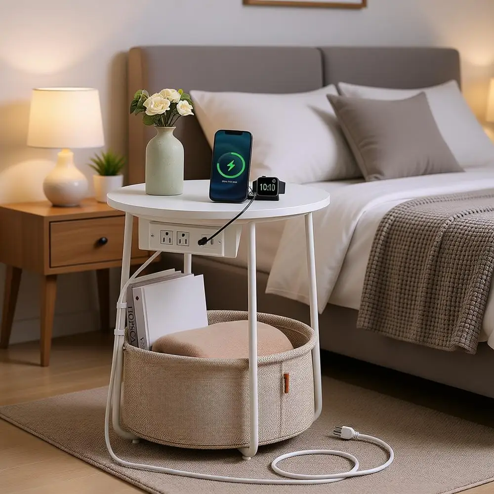 Mesa Lateral com Estação de Carregamento, Mesa Redonda com Cesta de Tecido, Criado-Mudo com Portas USB, Sala de Estar, Quarto, Branco Fosco