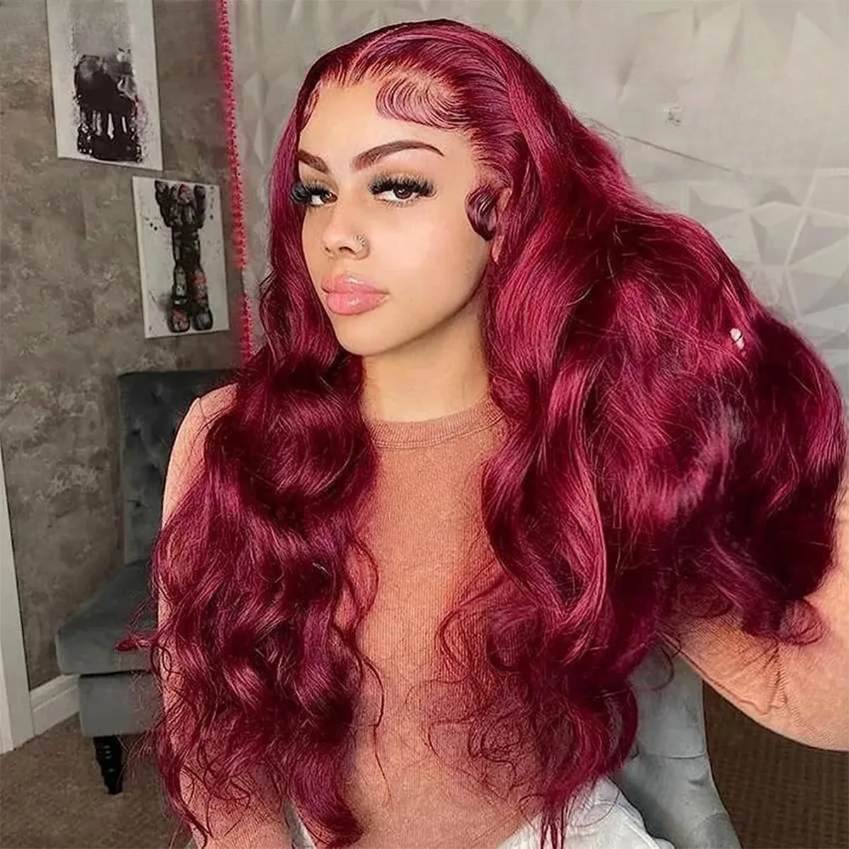 بورجوندي الجسم موجة الدانتيل الجبهة الباروكات للنساء 13x4 مقاومة للحرارة طويل فضفاض موجة شعر مستعار مع شعر الطفل الاستخدام اليومي للحفلات 26 بوصة