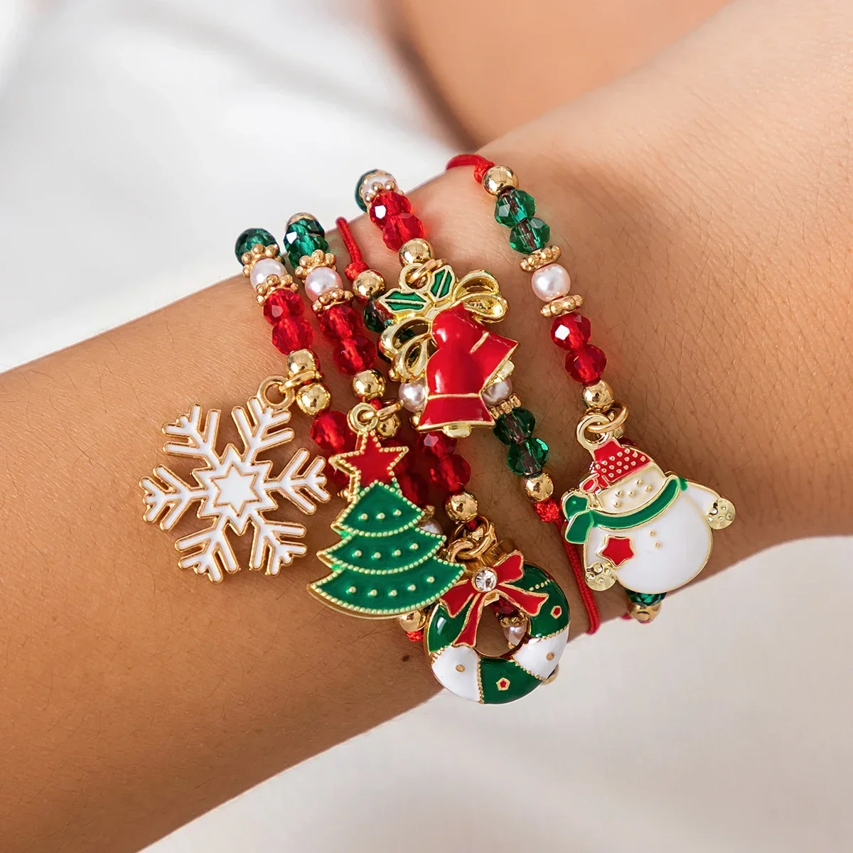 5pcs/set Cute Christmas Series Snowflake Tree Pendant Crystal Bracelet Women CCB Beads Adjustable Thread Rope Christmas Bracelet