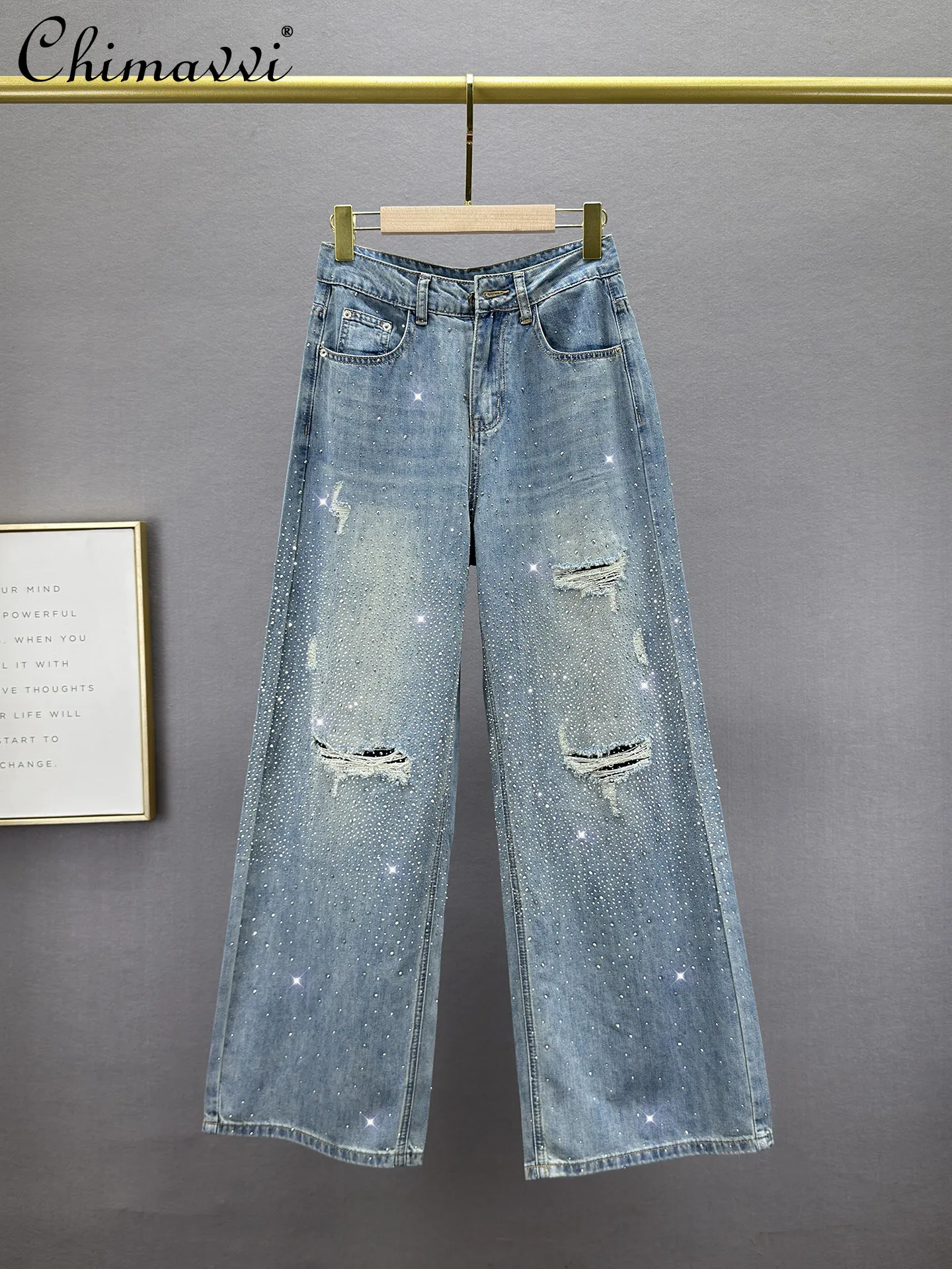 Heavy Hot Diamond Jeans 2026 Summer New Fashion High Waist Loose Slimming European Ripped Loose Pants Womens Denim Pants
