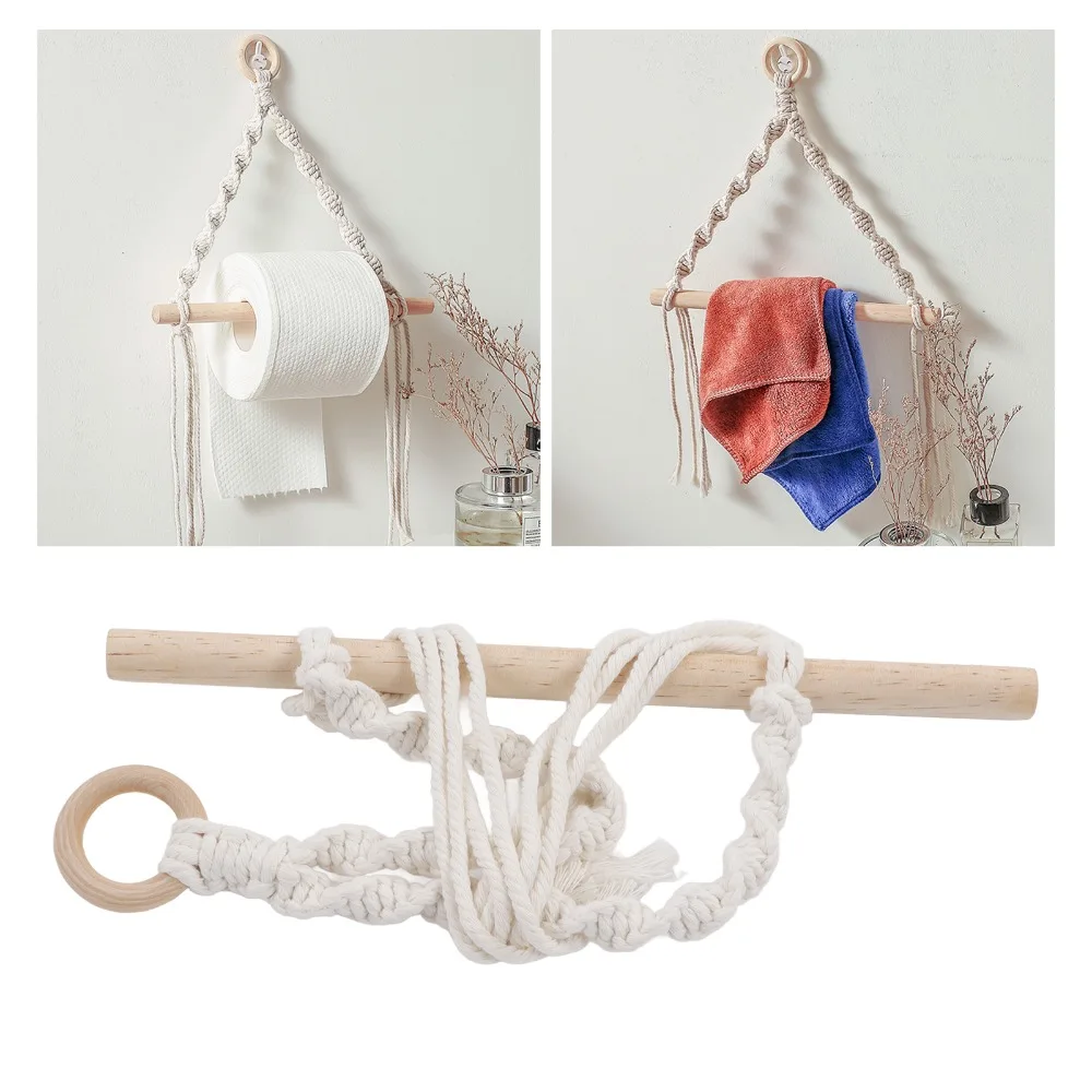 2pcs Portable Wall Mounted Paper Towel Holder Cotton Rope Anti Static Boho Toilet Roll Holder Towel Rack For Bathroom