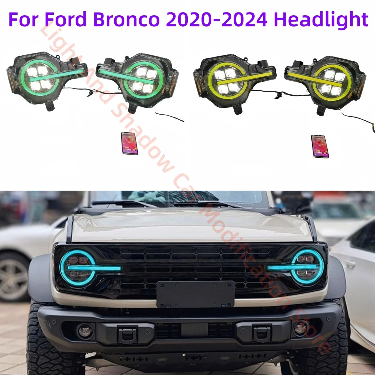

Fit for Ford Bronco 2020-2024 Headlight assembly Modification LED Four lenses dynamics Daytime running lights Flowing Turn light