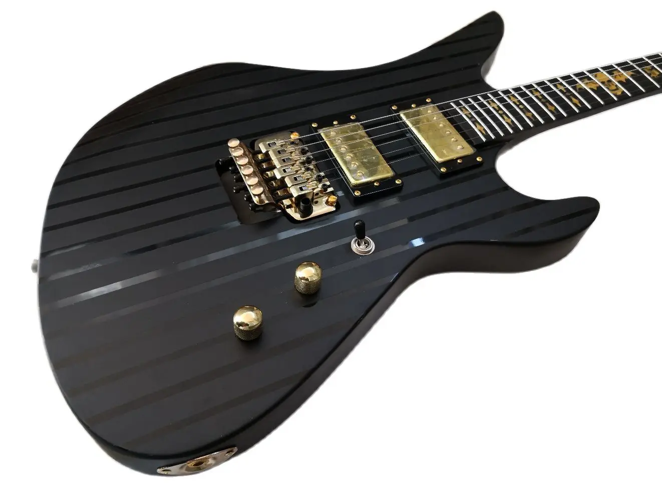 Matte Black Stripe Electric Guitar, 6 String Ebony Fingerboard, Gold Bat Inlaid with Gold Accessories