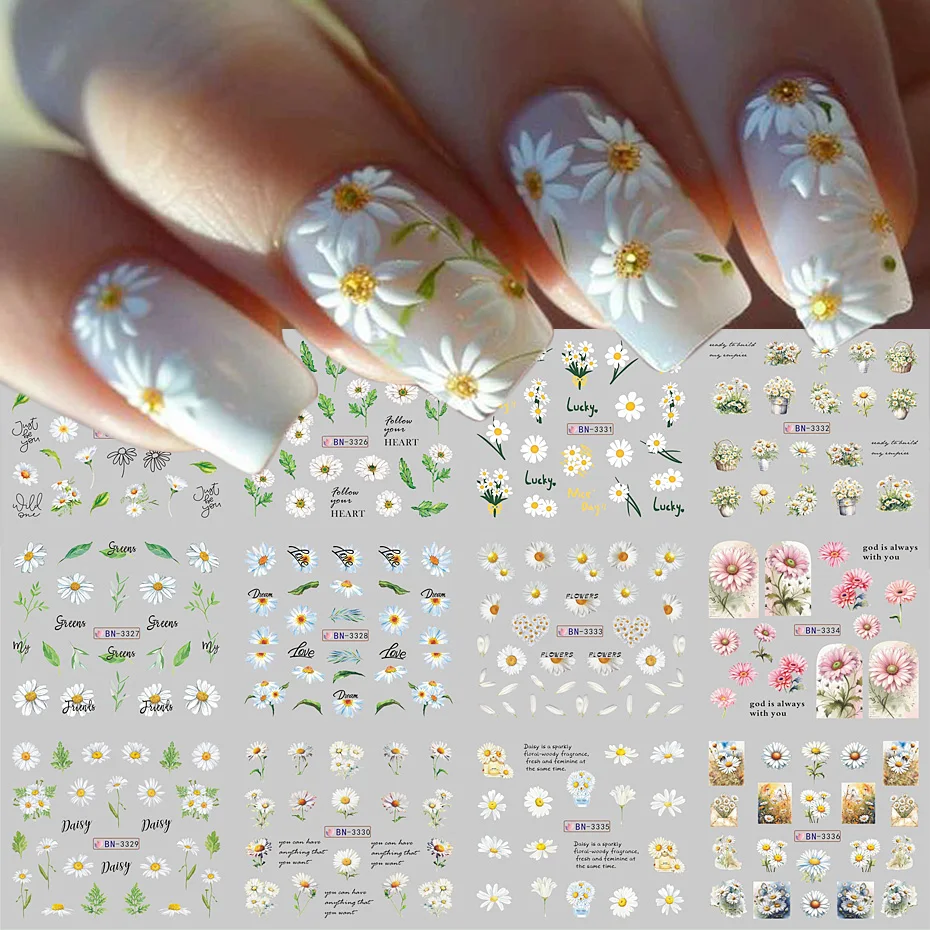 12 デザインひまわりデイジーネイルステッカー鮮やかな花の花水デカール転写箔スライダーマニキュア装飾