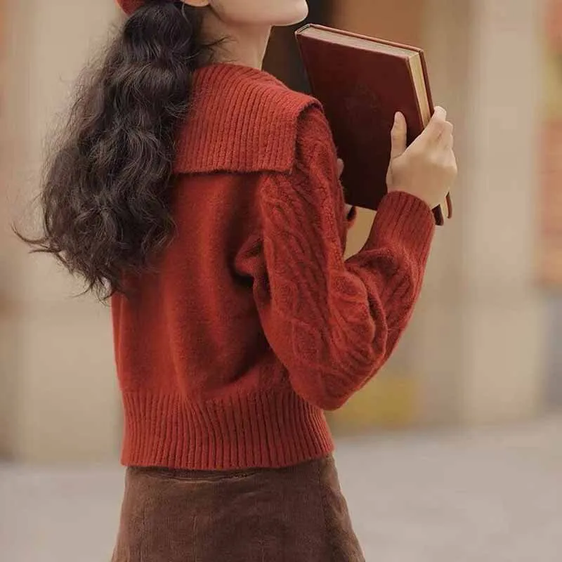 Large lapel  sweater, high waisted short sweater, women's 2023 autumn/winter pullover, long sleeved pullover, knitted top