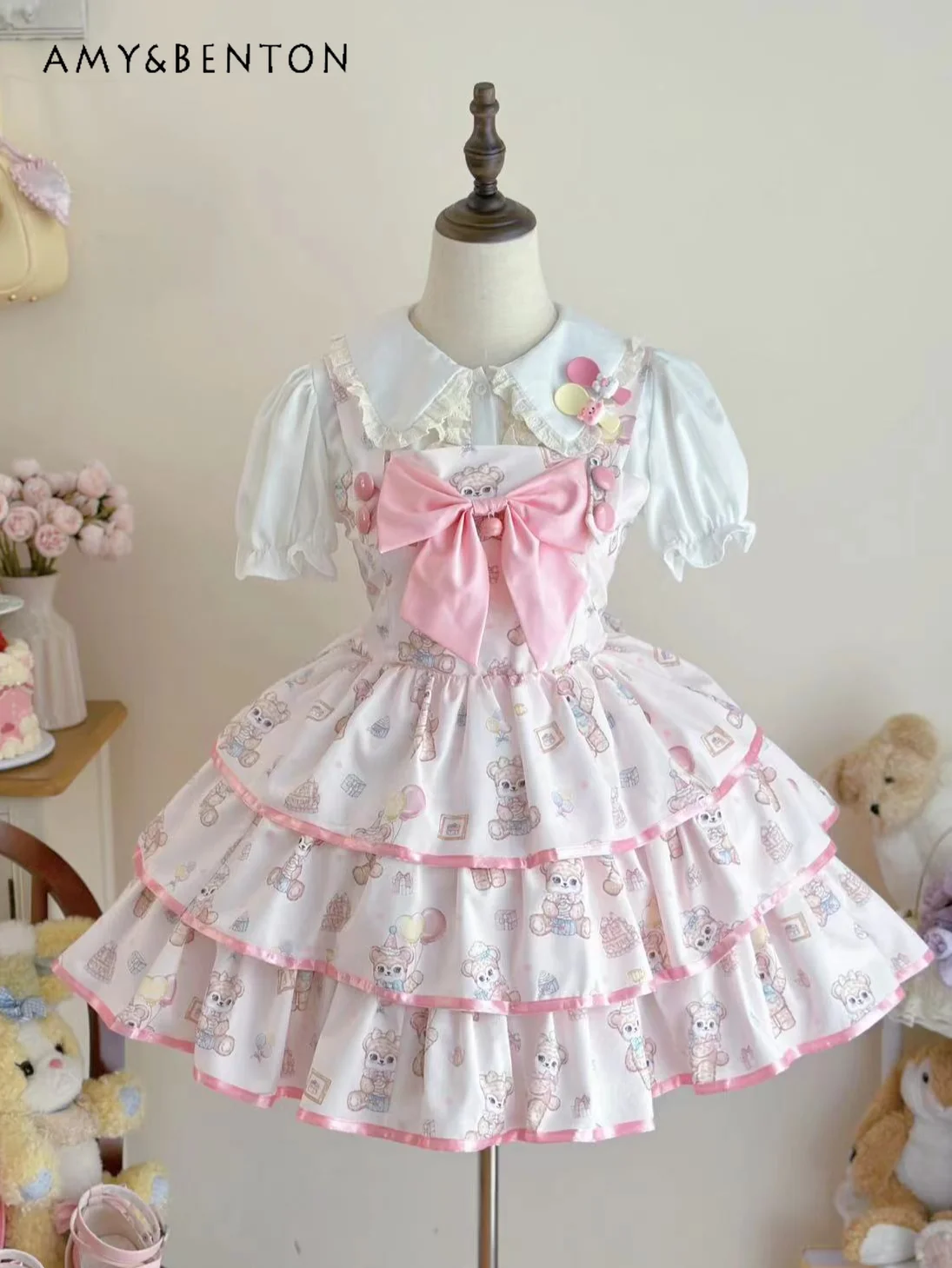 

Summer New Daily Lolita Strap Three-stage Jsk Dress for Women Cartoon Print Slim Ball Gown Dresses Sweet Girl Kawaii Mini Dress