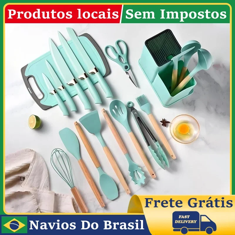 Kit Conjunto 19 Pçs De Utensílios Facas Silicone e Plástico Cozinha Jogo Completo Batedeira Colher Pegador