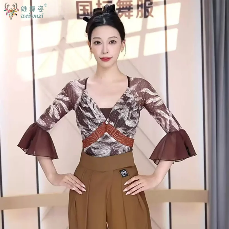 Modern Social Dance Clothes Printed Long Sleeve Top Latin Practice Clothes Women Adult Waltz Tango Cha Cha Dance Jumpsuit Top