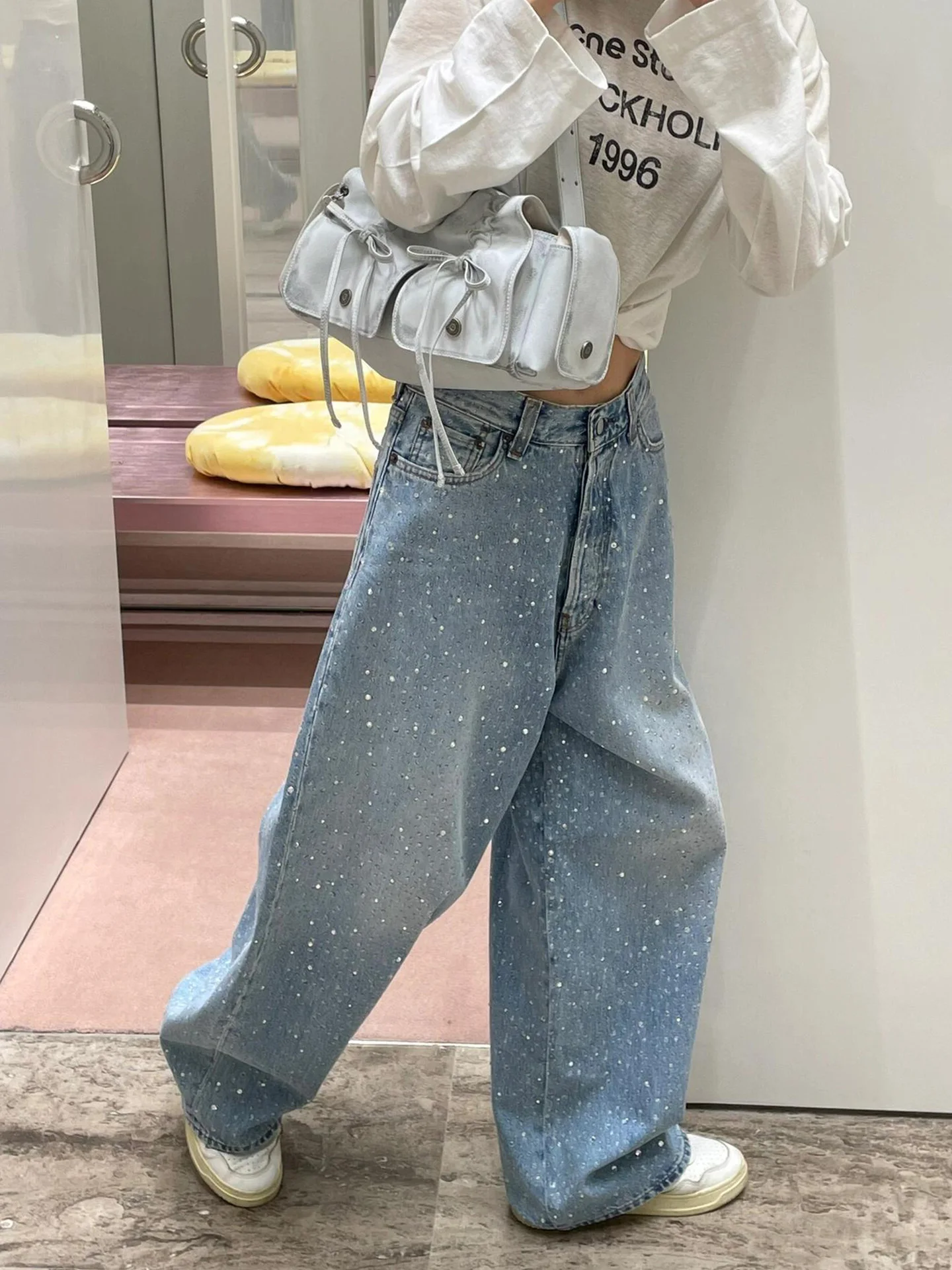 American Retro Starry  Sequin Loose Casual Floor-Length Jeans Women's Autumn New Design Wide Leg High Waist Pure Color
