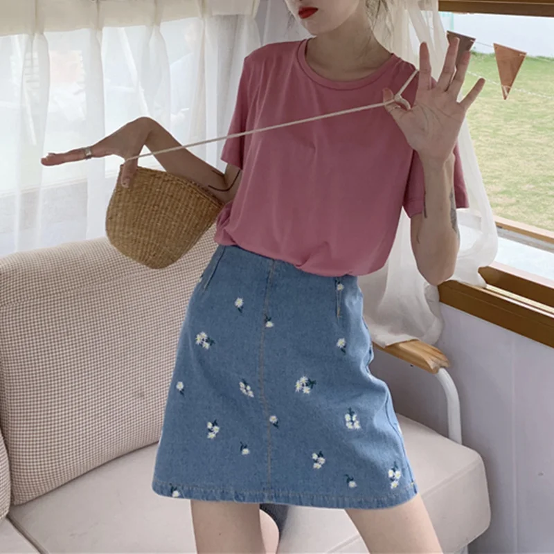 

Korean Style High Waist Woman Short Jean A-Line Skirts for Ladies Women Summer Cute Daisy Embroidery Denim Skirts Cottagecore