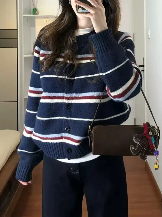 

Вязаный свитер в полоску в стиле ретро, женский свободный крой, цветной блуз, утягивающий кардиган, пальто, весна-осень, сезонный длинный све, круглый Ne