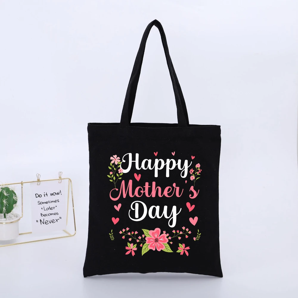 Happy Mother's Day Typography Canvas Tote Bag with Floral Design, Perfect for Mother's Day Gift and Daily Use