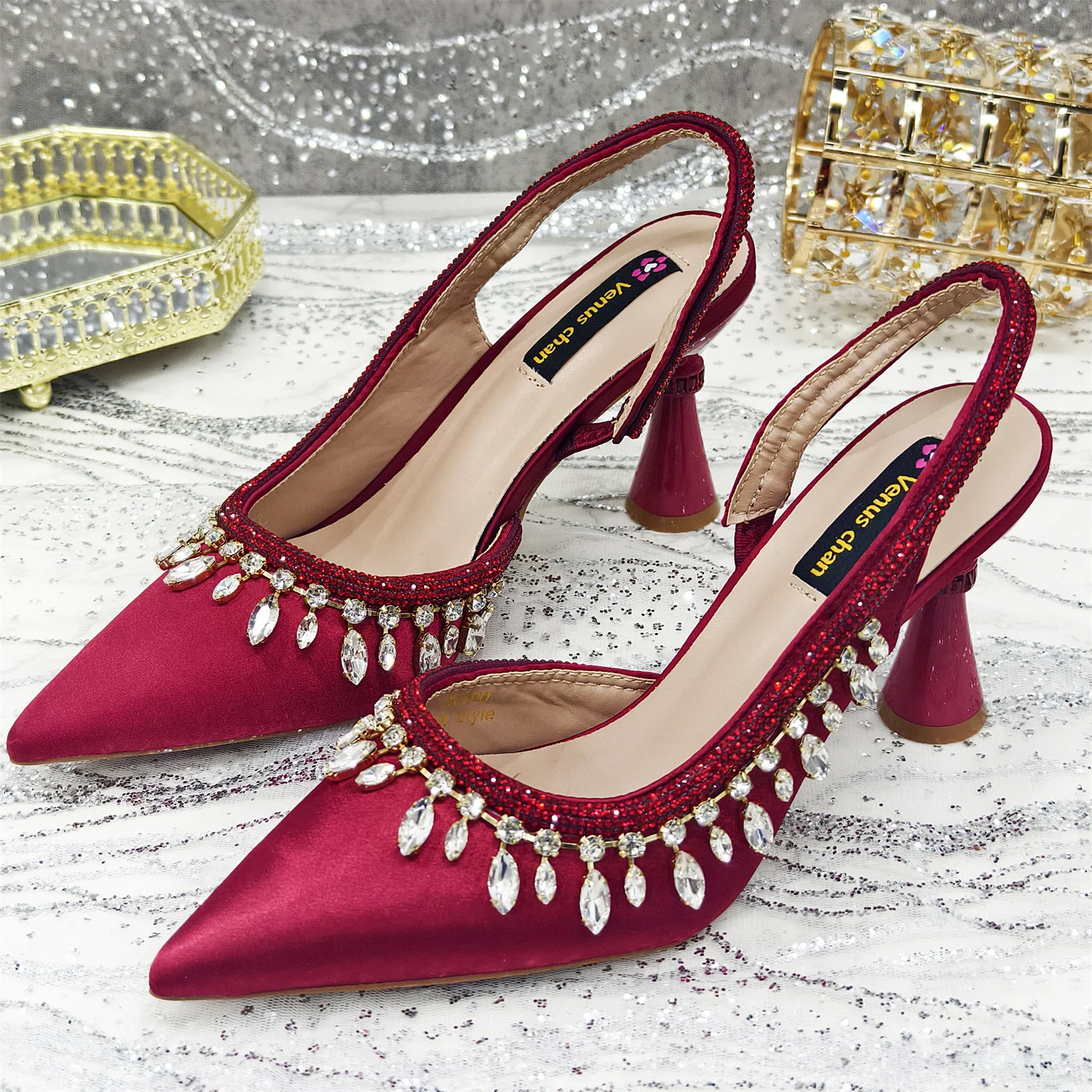 2025 Pointed Toe Women High Heels Shoes and Bags for Women Wine Rhinestone Party Wedding Glamorous Luxury Fashion Shoes