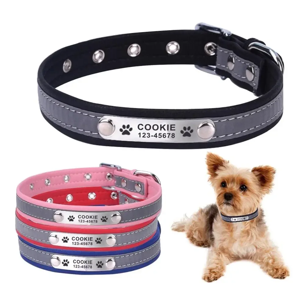 Personalized Reflective Pet Collar, Dog Collars, Puppy Name Plate, Adjustable Free Engraving, Basic Leather, Custom