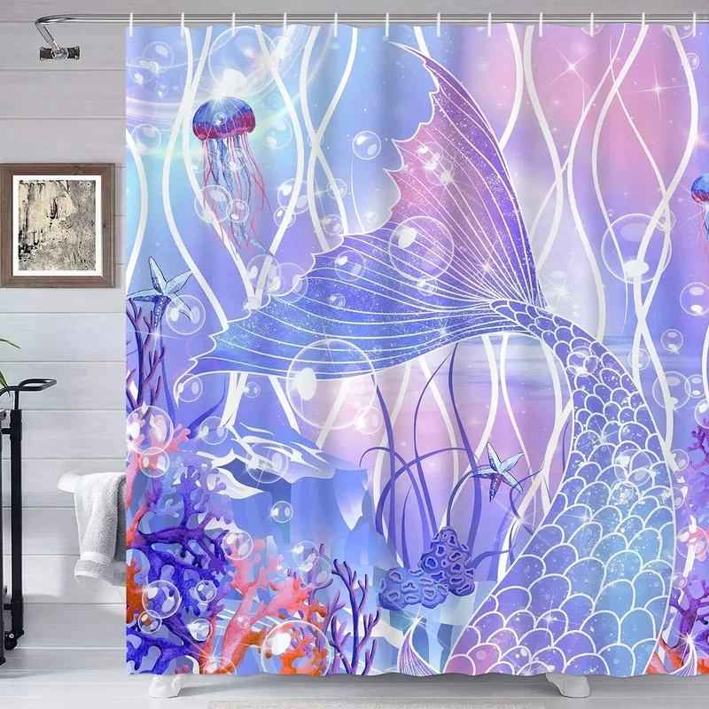 

FWM05Mermaid Stall Shower Curtain,Cartoon Woman In Sea Sirens of Greek Myth Female Human Tail of Fish Image,Fabric Bathroom 6Hn$