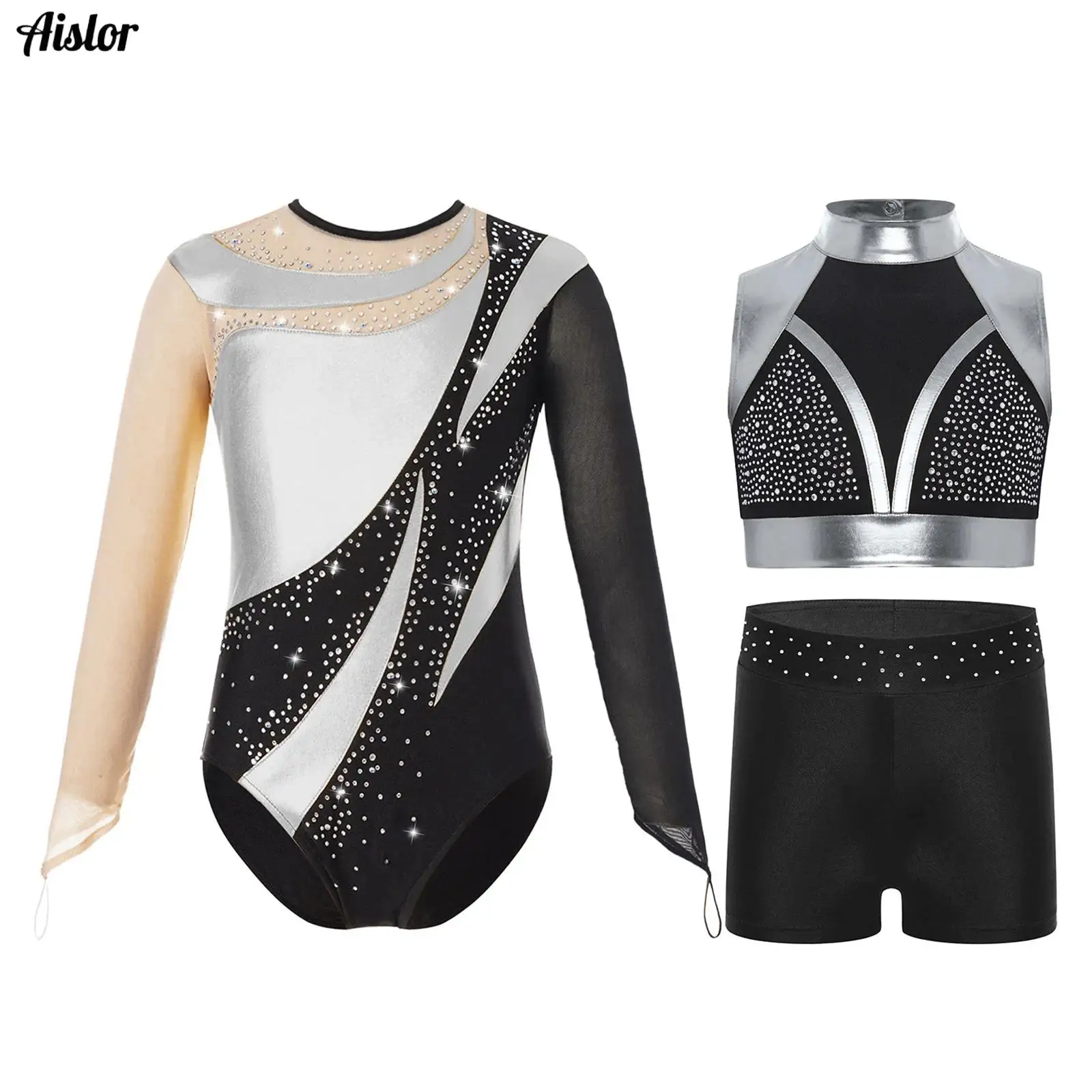 

3Pcs Kids Girls Acrobatics Gymnastics Outfit Mock Neck Sleeveless Color Block Metallic Crop Top+Shorts+Long Sleeves Leotard Set