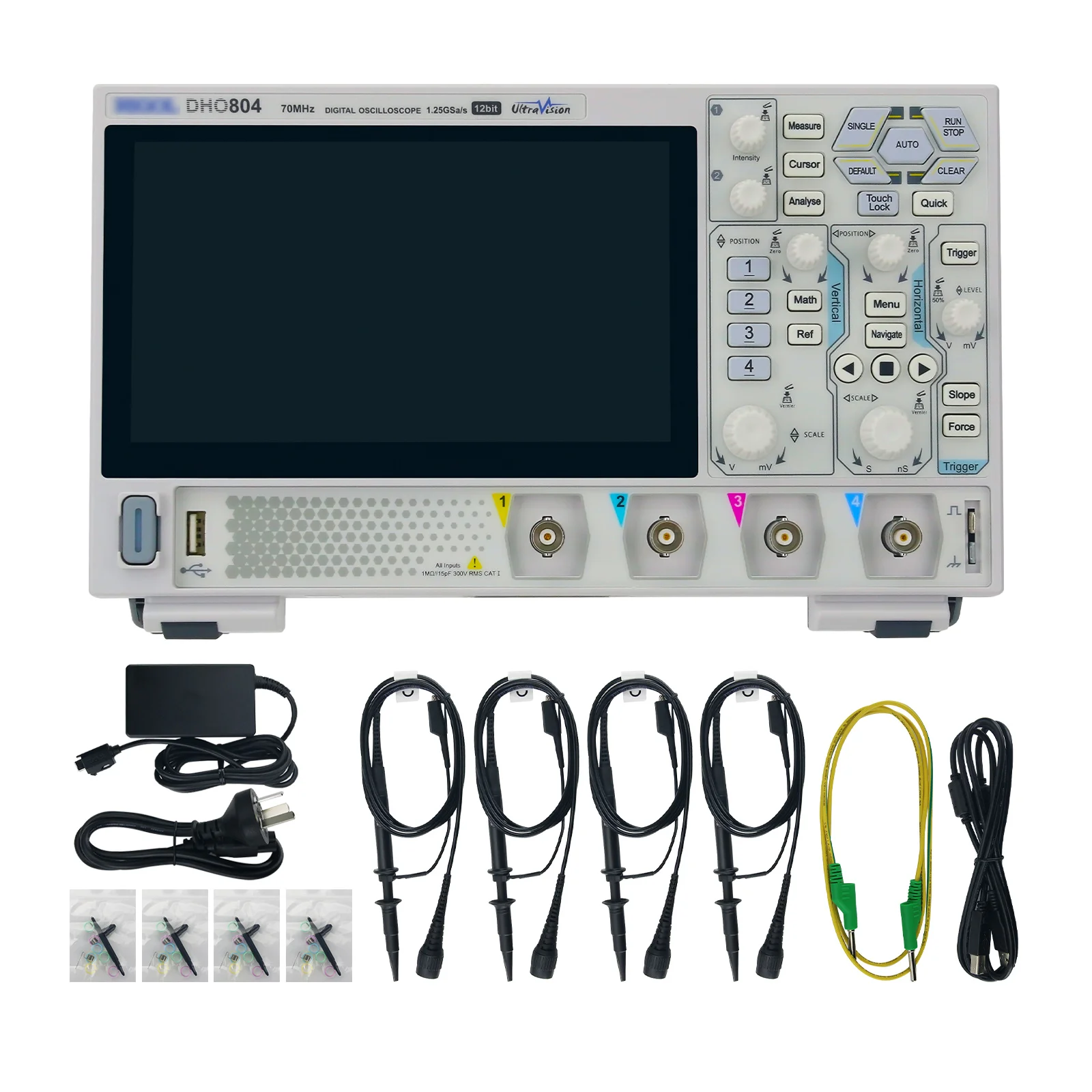 

DHO804 70MHz 4-Channel 12Bit Portable High Resolution Digital Oscilloscope W/ 7-inch Touch Screen with 4PCS 150MHz Probes