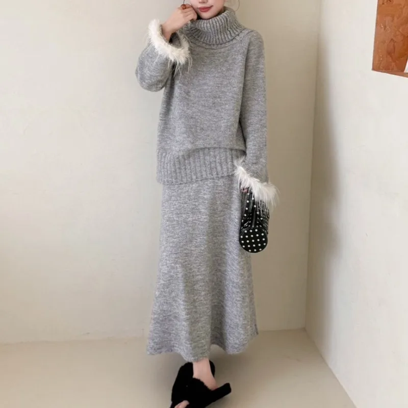 

Korean Turtleneck Sweater Casual Loose Solid Long Sleeve Knit Pullover+Elastic Waist Maxi Skirt 2-Piece Set Winter Woman's Suit
