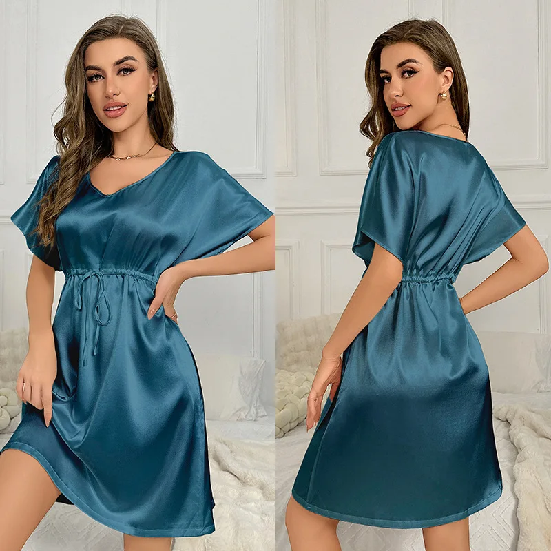 

New Summer Female Nightgown Waist Closing Short Sleeve Nightdress Sleepwear Loose Casual Satin Loungewear Home Dressing Gown