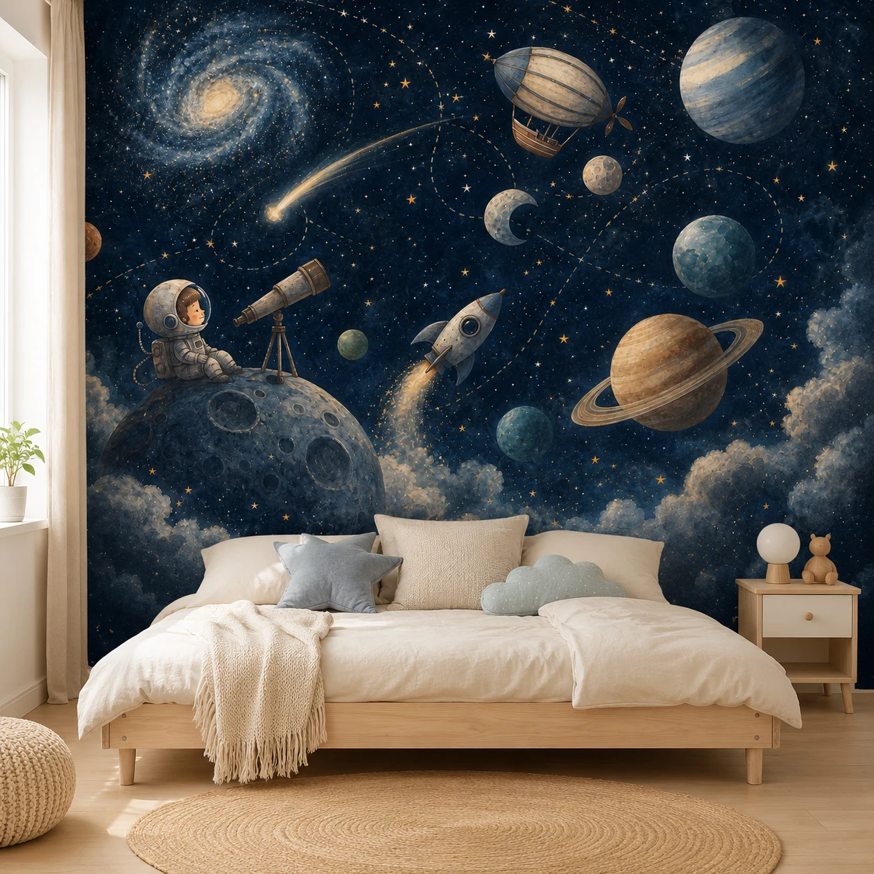Kids Space Wallpaper Mural Astronaut Telescope Rocket Planets Galaxy Stars for Boys Bedroom Unpasted Requires Glue