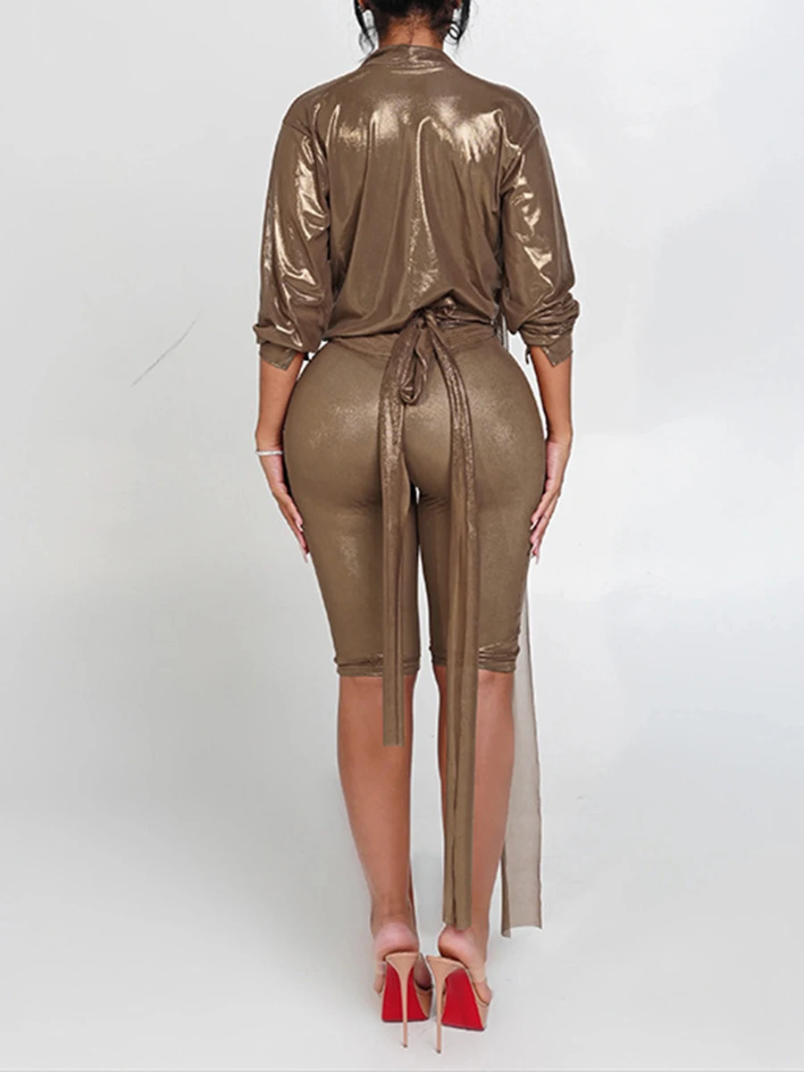 ZIML Solide Abnehmen Zwei Stück Sets für Frauen Tiefem V-ausschnitt Langarm Tops Hohe Taille Fünf Punkt Hosen Chic Minimalistischen Set Weibliche