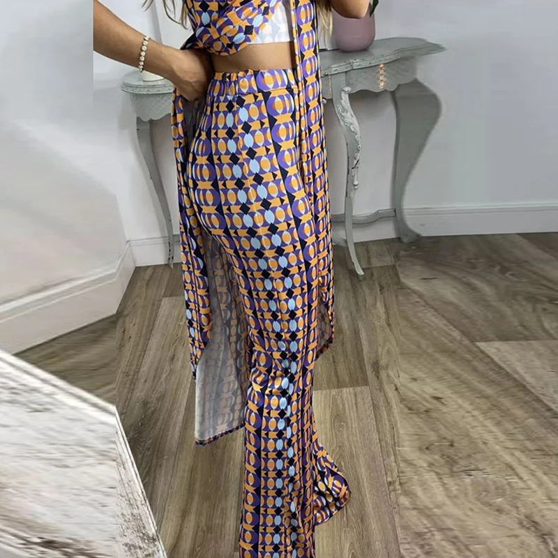 Summer Women Two Piece Set Vintage Print Sleeveless Long Shirt High Waist Pants Suit Female Casual Holiday Outfis