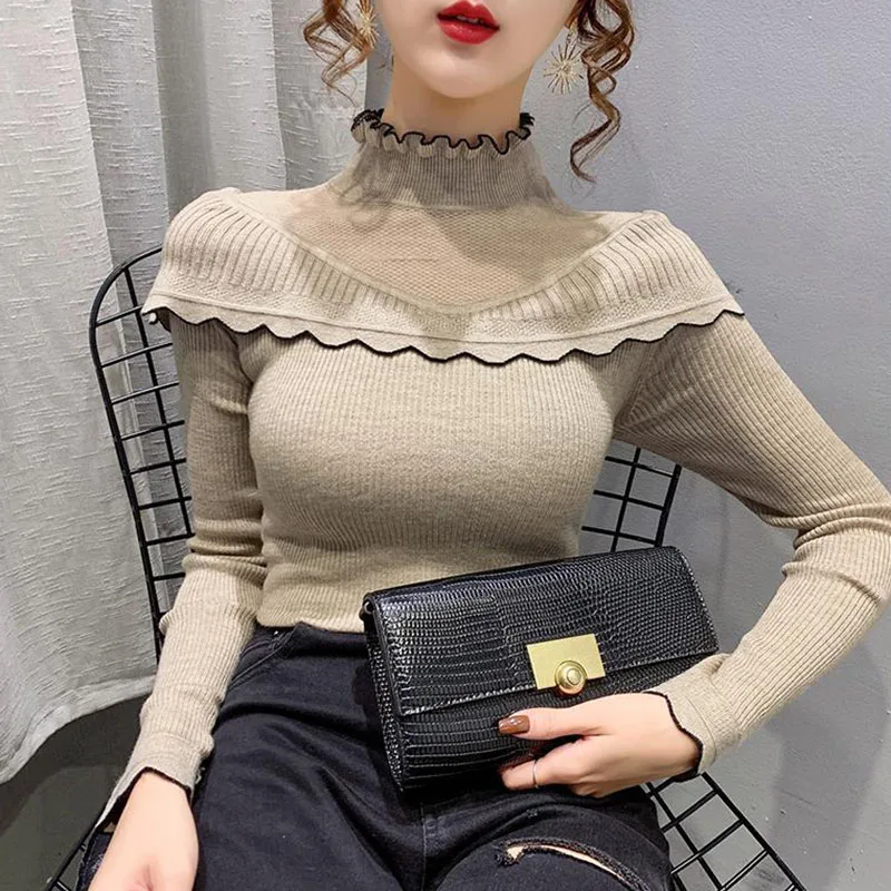 Lucyever New Autumn Winter Sweaters Women Fashion Patchwork Half Turtleneck Knitted Pullover Women High Elastic Slim Knitwear