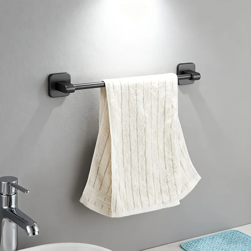 Non Perforated Wall Mounted Bathroom Towel Rack with Hook Clip - Space Saving Towel Bar for Bathroom Organization