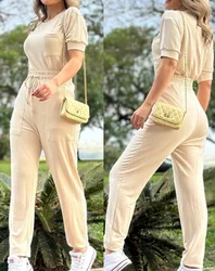 Two Piece Set for women 2023 New Summer Pocket Design Round Neck Short Sleeve Top & Drawstring Pocket Casual Pants Set